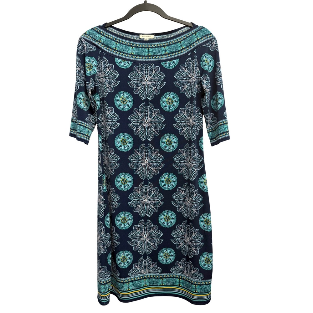 Max Studio Navy Blue Teal Floral Medallion Sheath Dress Large Aztec Boho Artsy
